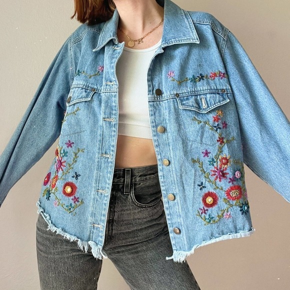 Vintage Jackets & Blazers - Vintage Carole Little Denim Flower Embroidered Denim Jacket w/ Raw Hem